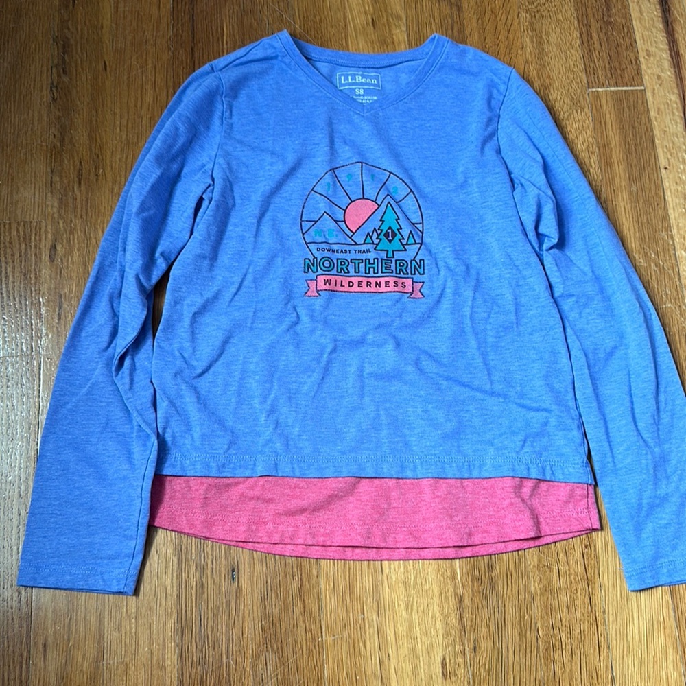 LL Bean purple and pink long sleeve northern wilderness logo size 8